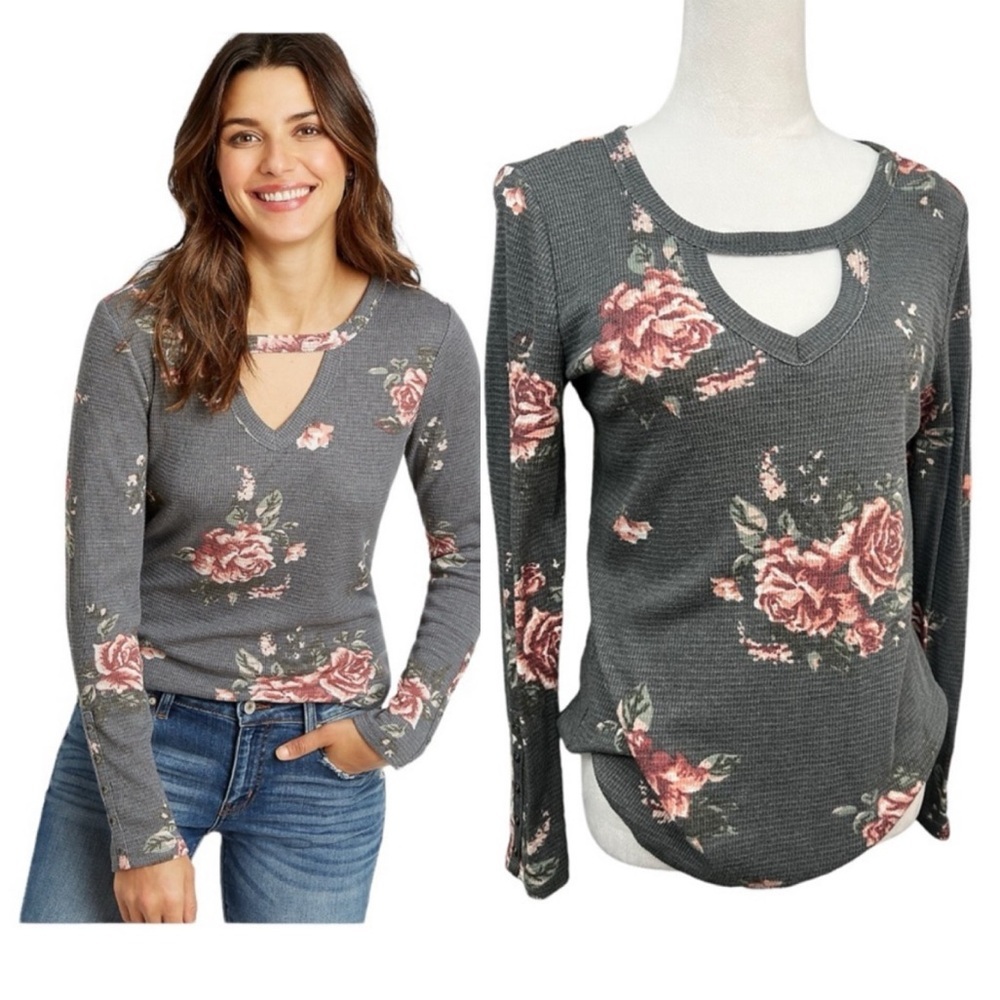 3/$20 Maurices Medium 24/7 Gray Floral Cut Out Neck Textured Tee